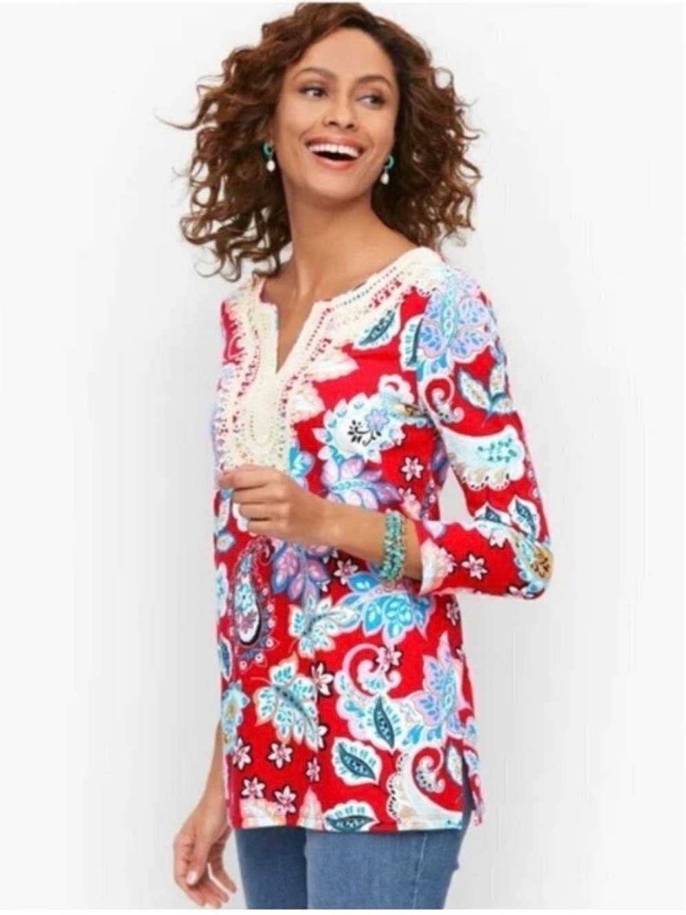 Talbots Floral Tropical Red Pima
Cotton Lace Neck 3/4 Sleeve
Shirt Sz 2X